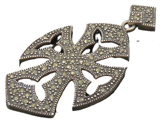 925 Sterling Silver  Vintage Shiny Marcasite Cutout Cross Pendant  PT15694