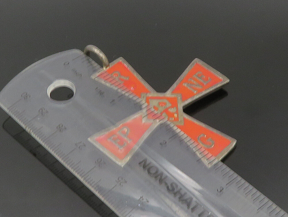 925 Sterling Silver  Vintage Orange Enamel Religious Cross Pendant  PT20031