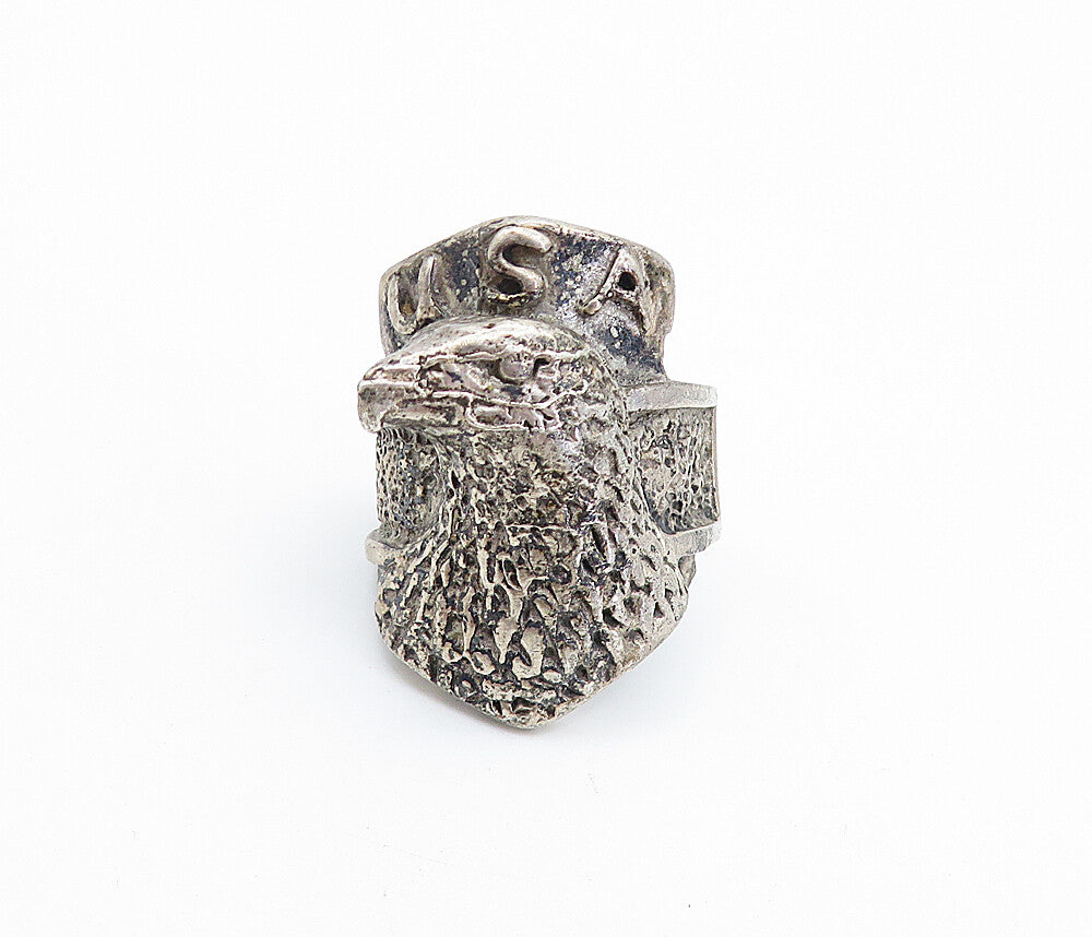 925 Sterling Silver  Vintage Dark Tone Eagle's Head USA Band Ring Sz 11 RG7319