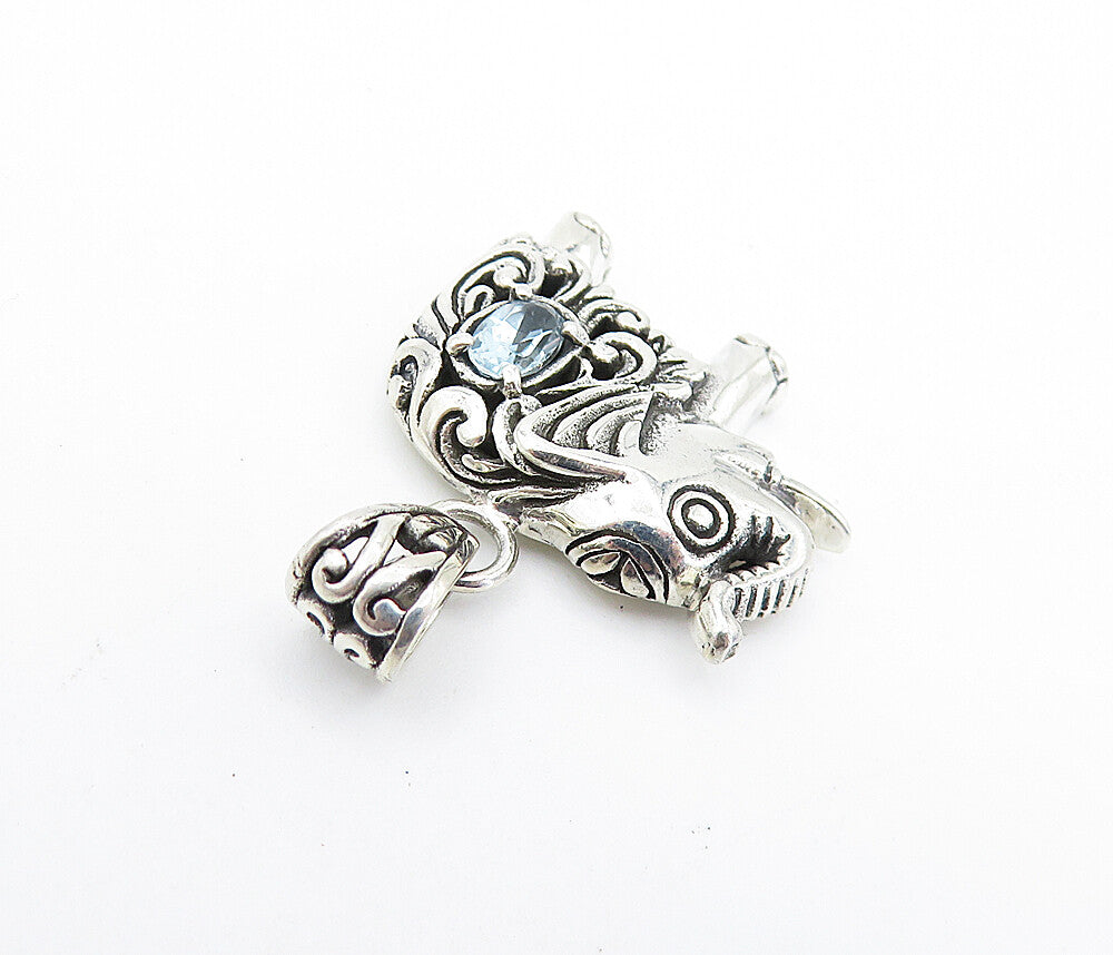 925 Sterling Silver  Vintage Blue Topaz Petite Swirl Elephant Pendant  PT5801