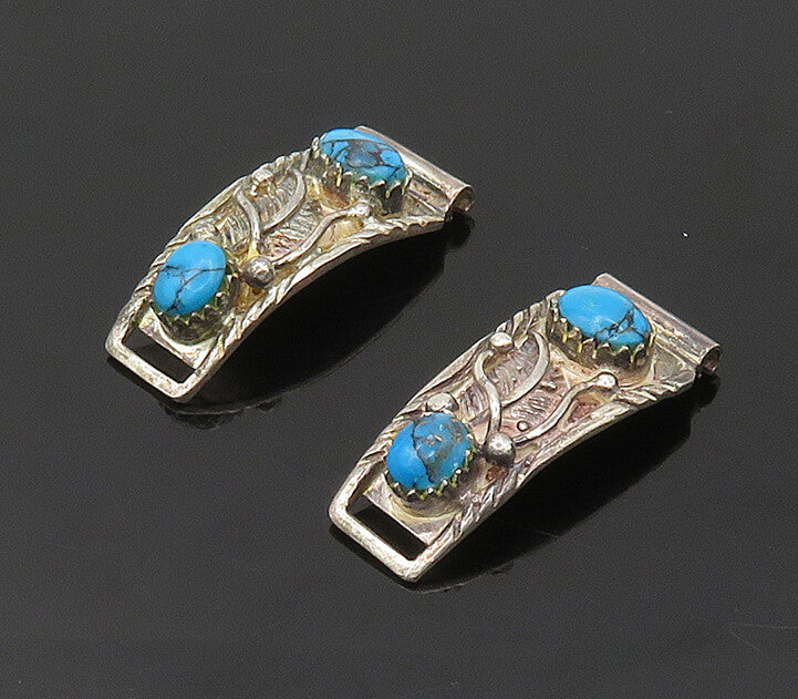 NAVAJO 925 Sterling Silver  Vintage Turquoise Floral Leaf Watch Clips  TR2719