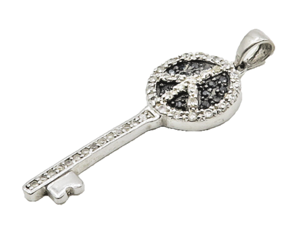925 Sterling Silver  Hematite & Topaz Peace Sign Key Motif Pendant  PT13611