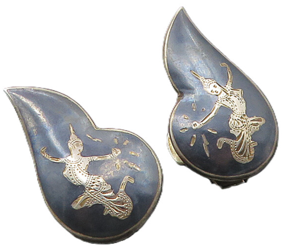 SIAM 925 Silver  Vintage Enamel Niello Dancer Non Pierce Earrings  EG5341