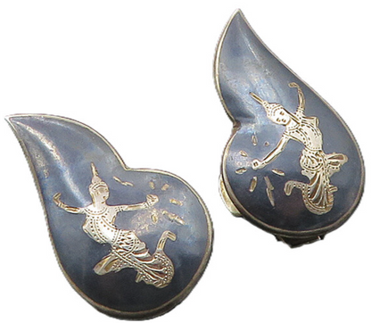 SIAM 925 Silver  Vintage Enamel Niello Dancer Non Pierce Earrings  EG5341