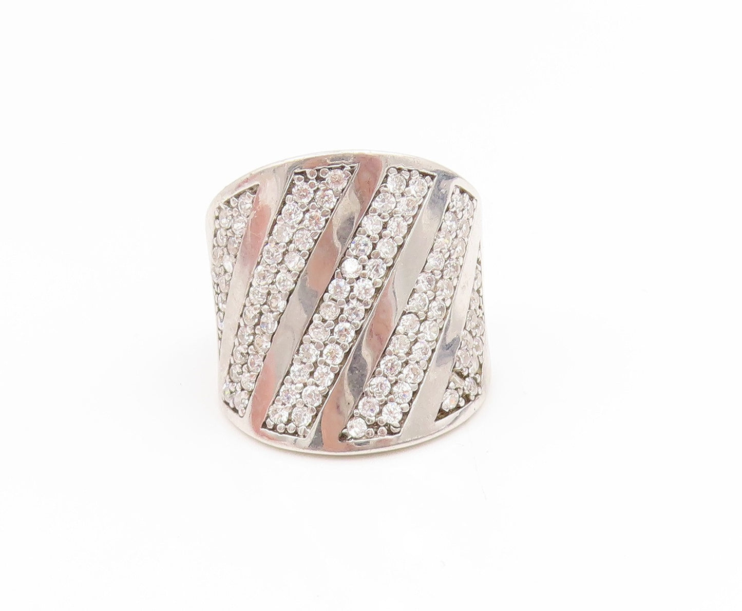 925 Sterling Silver Vintage Ring CZ Pave Diagonal Striped Wide Band Sz 8 RG35276