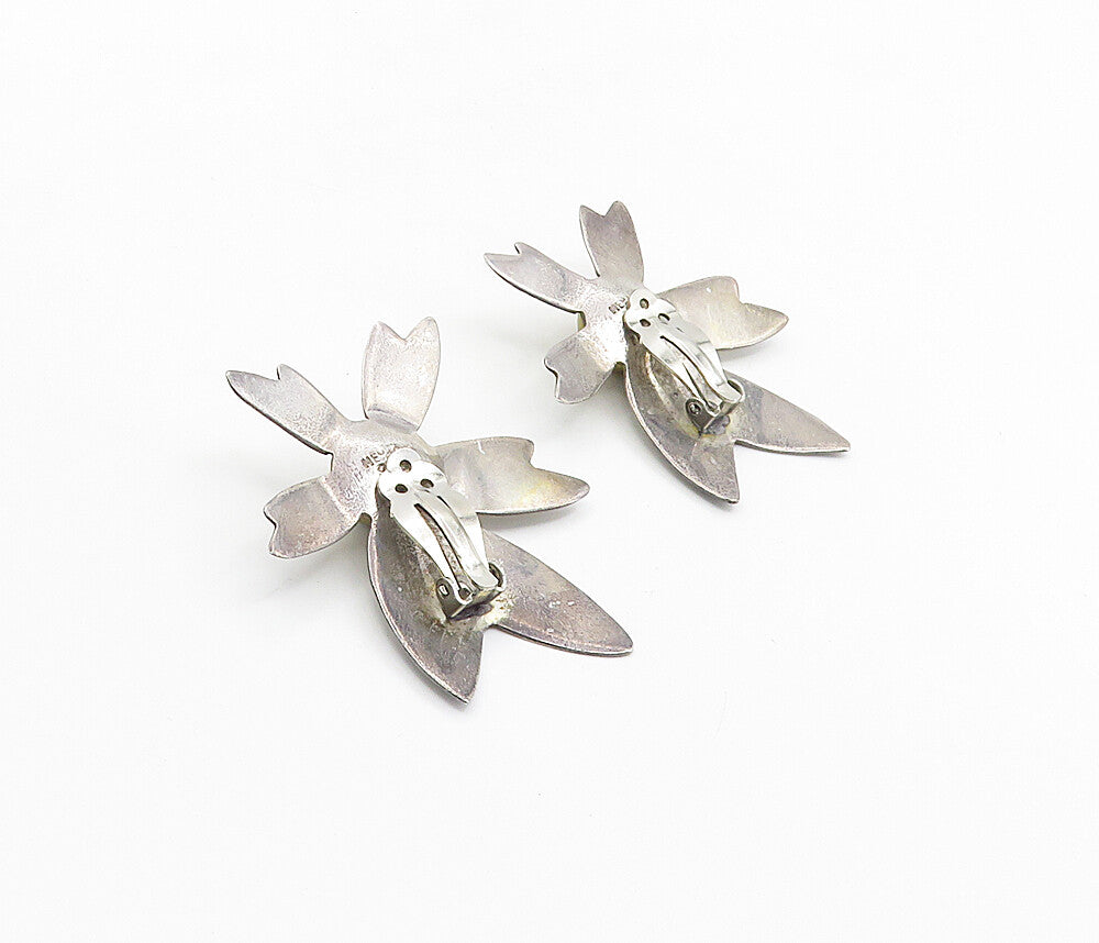 MEXICO 925 Sterling Silver  Vintage 2 Tone Floral Non Pierce Earrings  EG4576