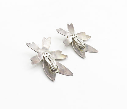 MEXICO 925 Sterling Silver  Vintage 2 Tone Floral Non Pierce Earrings  EG4576