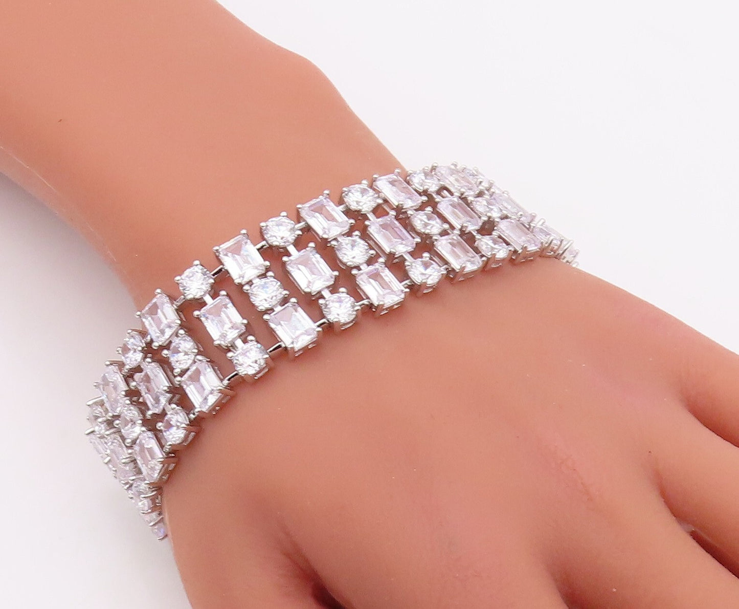925 Sterling Silver Vintage Bracelet Multi Shape Linked Broad CZ Band  BT10875