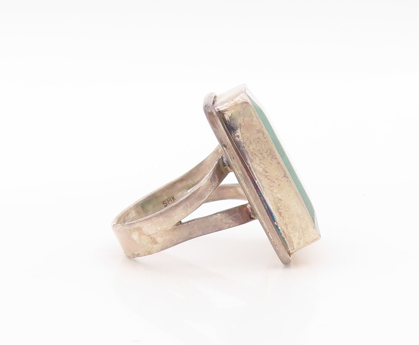 925 Sterling Silver Vintage Ring Rectangle Green Gemstone Inlay  Sz 7  RG30178