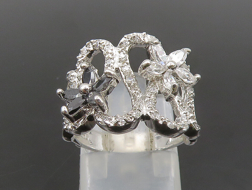 925 Silver  Vintage Cubic Zirconia & Spinel Floral Wavy Ring Sz 6.5  RG24500