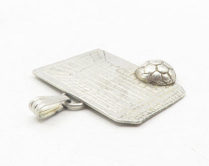 925 Sterling Silver  Vintage Etched Soccer Ball & Goal Sports Pendant  PT9639