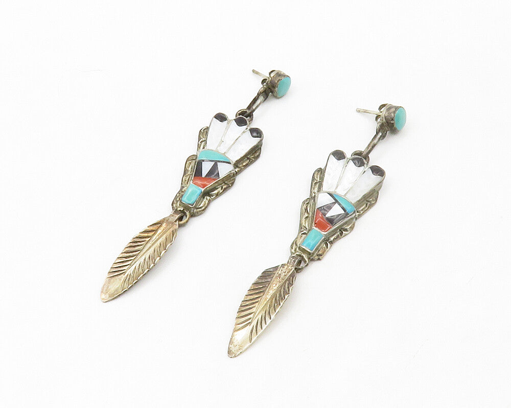 ZUNI 925 Silver Vintage Mother Of Pearl & Multi Stone Feather Earrings EG7060