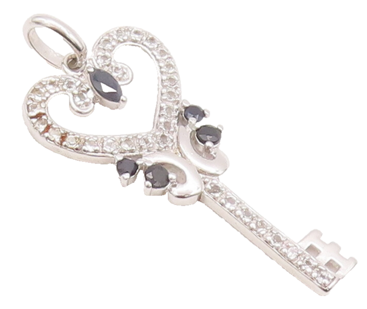 925 Sterling Silver Vintage Pendant Carved Topaz & Sapphire Inlay Key  PT22643