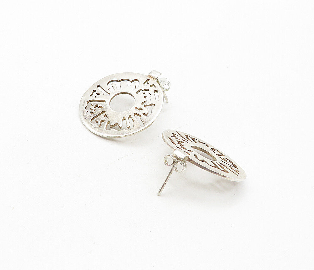 925 Sterling Silver  Vintage Shiny Cutout Detail Round Dangle Earrings  EG3941