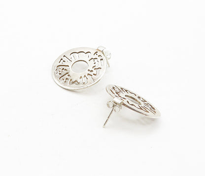 925 Sterling Silver  Vintage Shiny Cutout Detail Round Dangle Earrings  EG3941