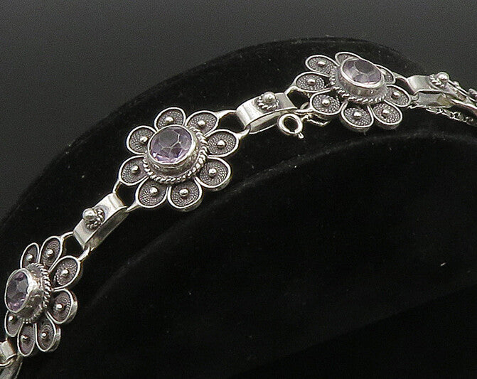 925 Sterling Silver  Vintage Amethyst Flower Motif Chain Bracelet  BT9080