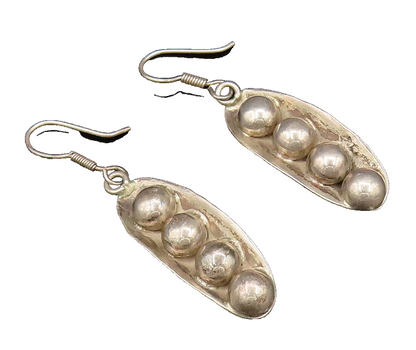 MEXICO 925 Sterling Silver Vintage Four Bead Leaf Ball Dangle Earrings EG12202