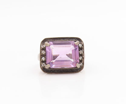 925 Sterling Silver Vintage Ring Amethyst & Topaz Geometric Band  Sz 6  RG33848