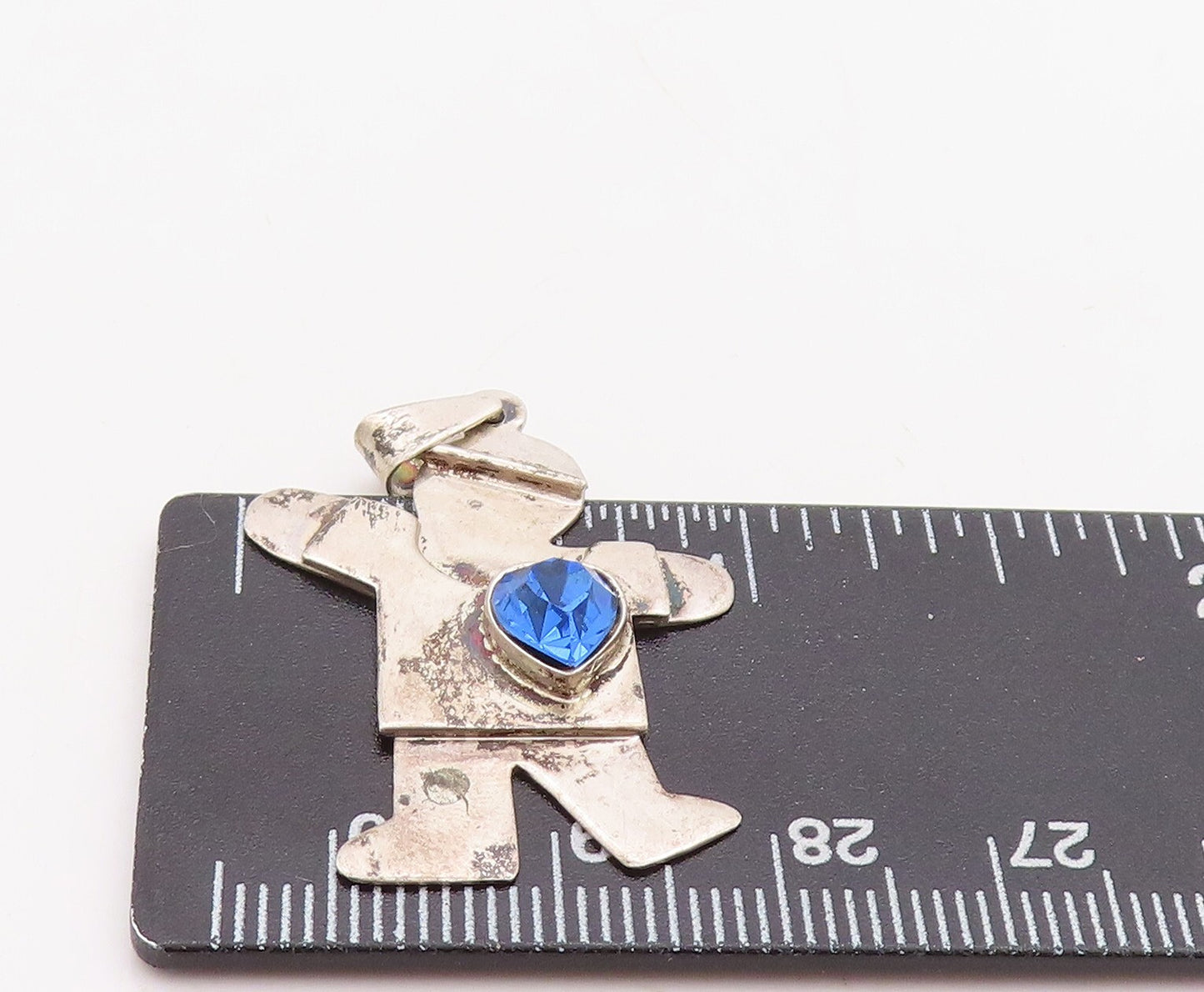 925 Sterling Silver Vintage Pendant Solid Carved Boy With Blue CZ Heart  PT23652