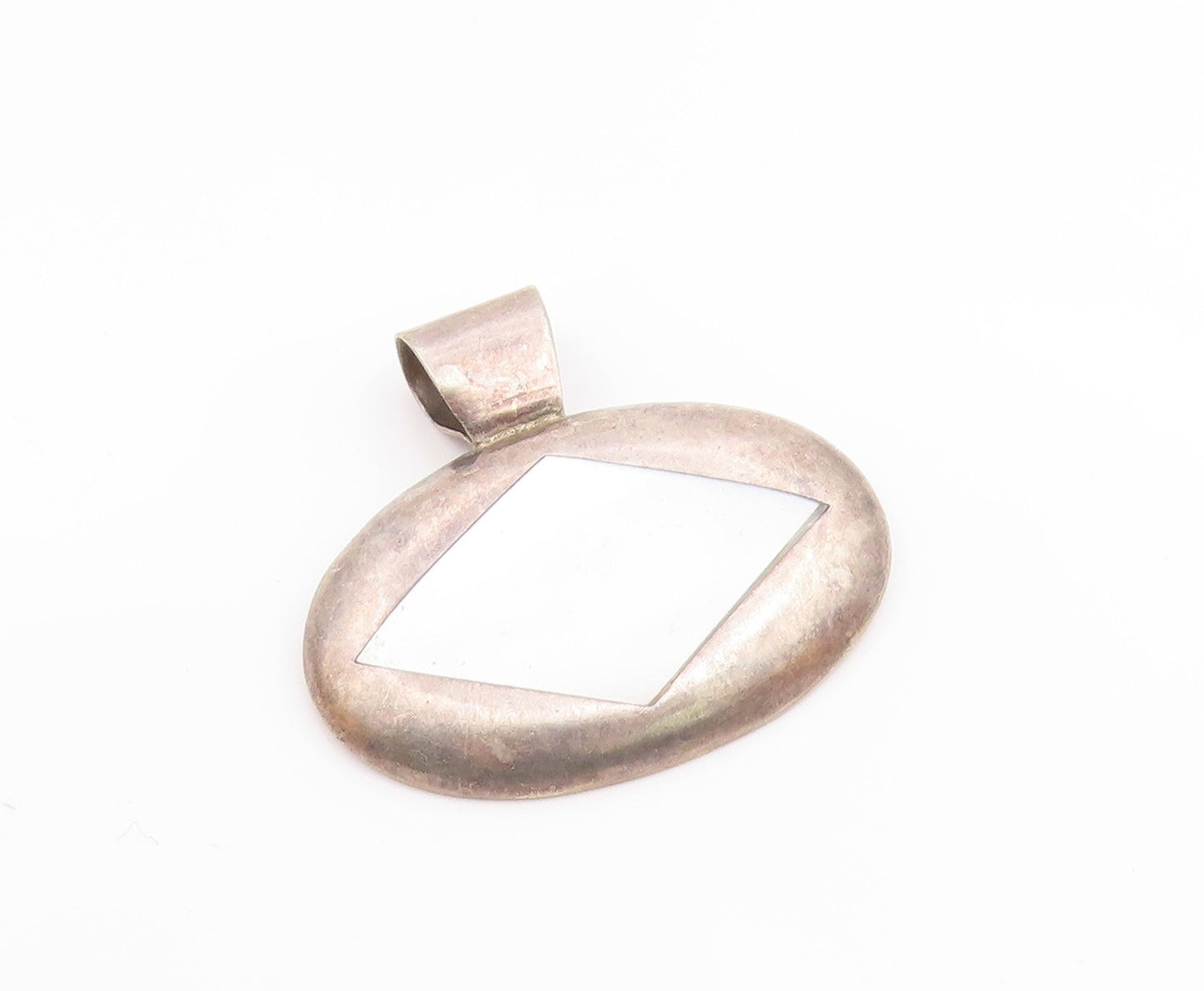 925 Sterling Silver  Vintage Diamond Shaped Mother Of Pearl Pendant  PT9403