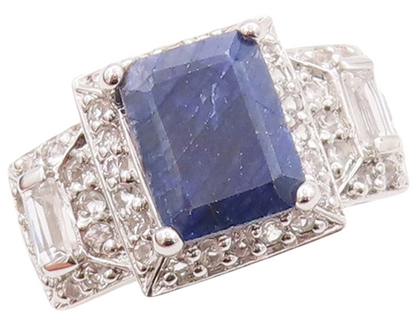 925 Sterling Silver Vintage Ring Rectangle Cut Blue Gemstone & CZ  Sz 7  RG29701