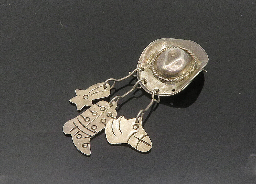 MEXICO 925 Sterling Silver  Vintage Charmed Cowboy Hat Brooch Pin  BP7962
