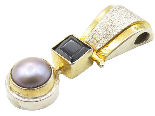 925 Sterling Silver  Blue Pearl & Black Onyx 2 Tone Hinge Drop Pendant  PT8090