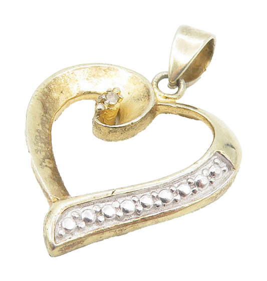 925 Sterling Silver  Vintage Genuine Diamond 2 Tone Love Heart Pendant  PT9183