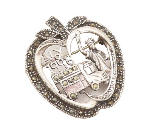 925 Sterling Silver  Vintage Marcasite Beaded Apple NYC Brooch Pin  BP10519