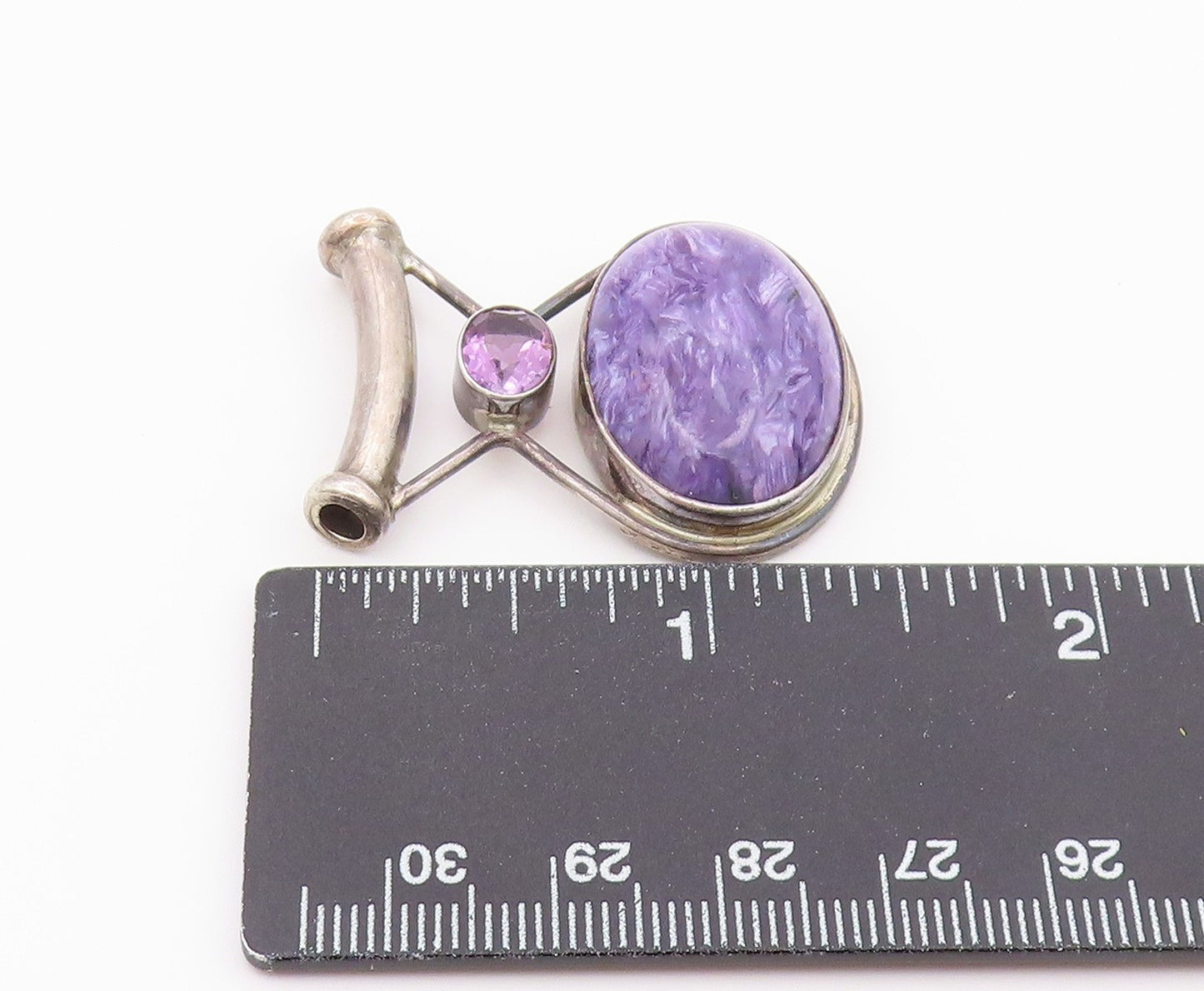 925 Sterling Silver Vintage Pendant SAJEN Oval Charoite & Amethyst Charm PT26426