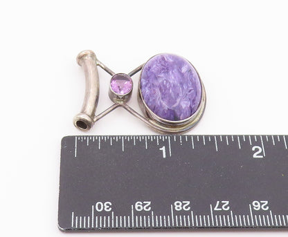 925 Sterling Silver Vintage Pendant SAJEN Oval Charoite & Amethyst Charm PT26426