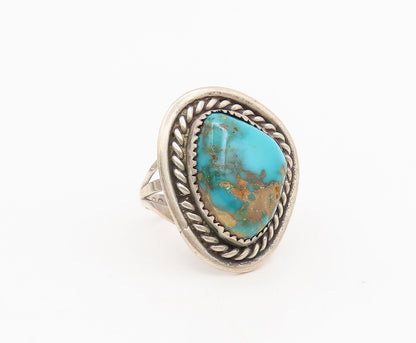 ZUNI NAVAJO 925 Silver  Vintage Turquoise Halo Carved Rope Ring Sz 10  RG27000