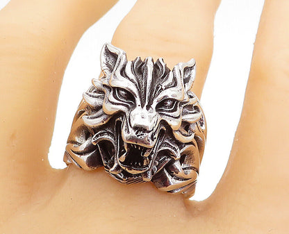 925 Sterling Silver  Vintage Sculpted Wolf's Head Band Ring Sz 12  RG5364