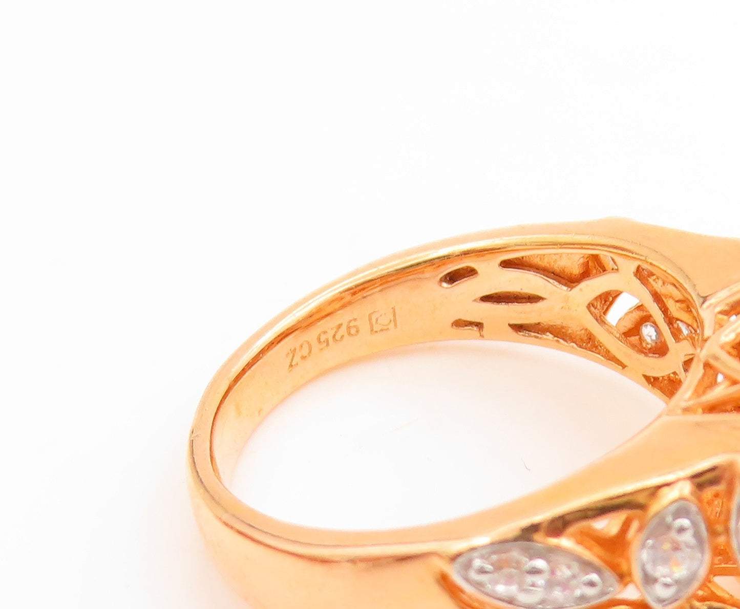 925 Sterling Silver Vintage Ring Gold Plated CZ Elegant Leaf Band  Sz 7  RG34724