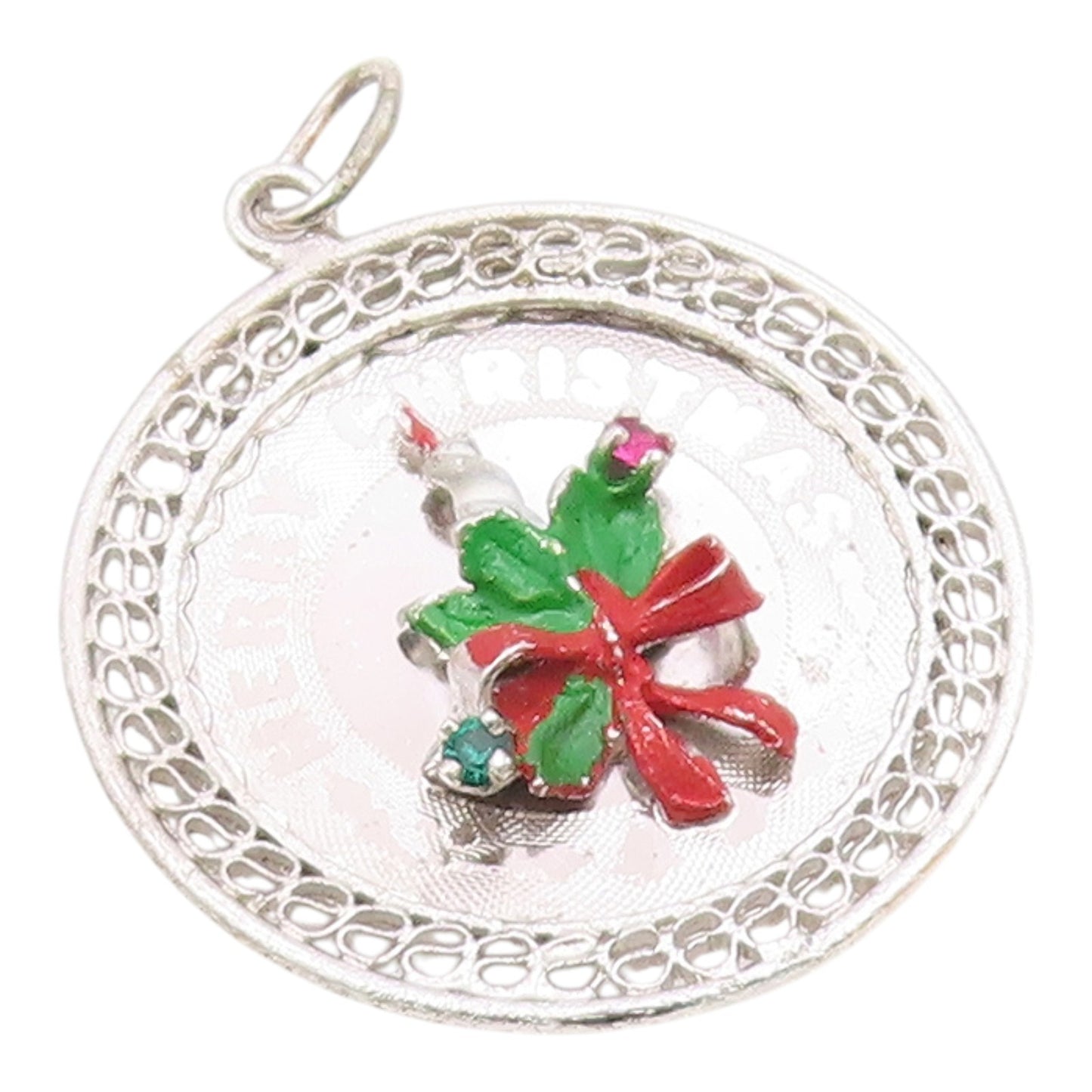 925 Sterling Silver  Vintage Enamel Merry Christmas Candle Pendant  PT18868