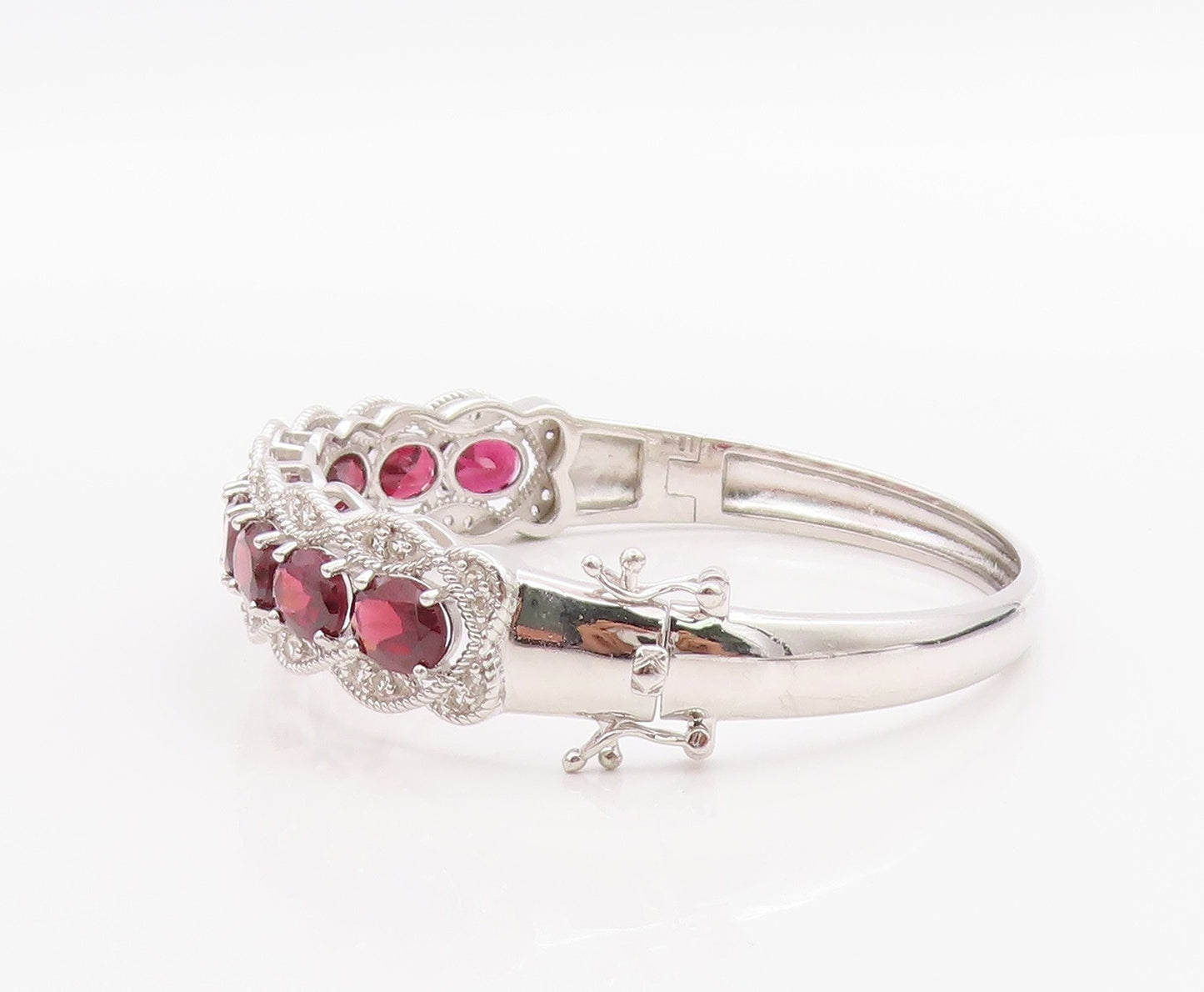 925 Sterling Silver Vintage Bracelet Oval Ruby & CZ Triple Row Bangle  BT11393