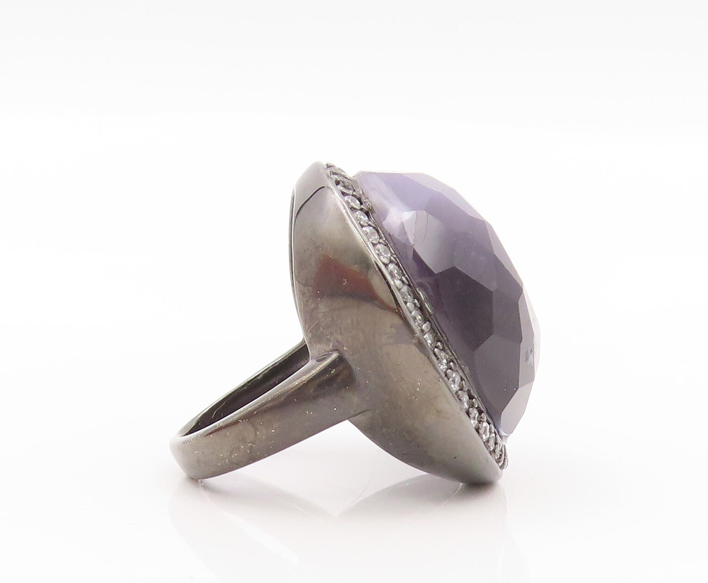 925 Sterling Silver Vintage Ring Large Purple Cat's Eye Halo CZ  SZ 6.5  RG31997