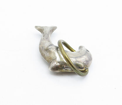 MEXICO 925 Sterling Silver  Vintage 2 Tone Leaping Dolphin Brooch Pin  BP1657