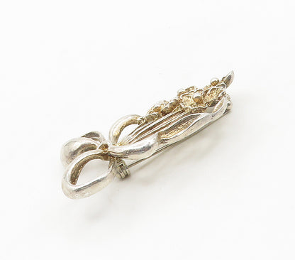 925 Sterling Silver  Vintage Shiny Ribbon Tied Flowers Brooch Pin  BP6158