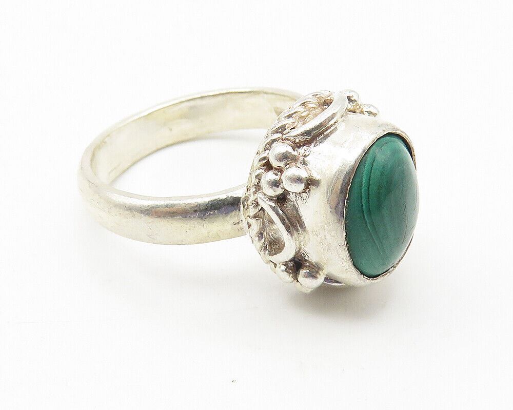 925 Sterling Silver  Vintage Cabochon Cut Malachite Band Ring Sz 5  RG10680