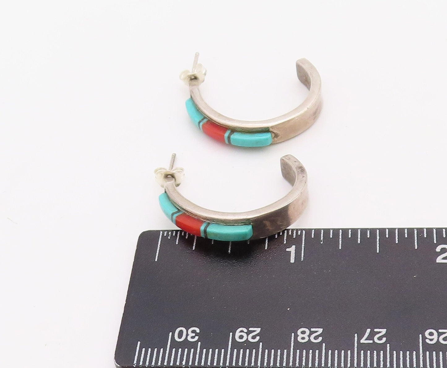 925 Sterling Silver Vintage Earrings NAVAJO ZUNI Turquoise Open Hoops  EG13184