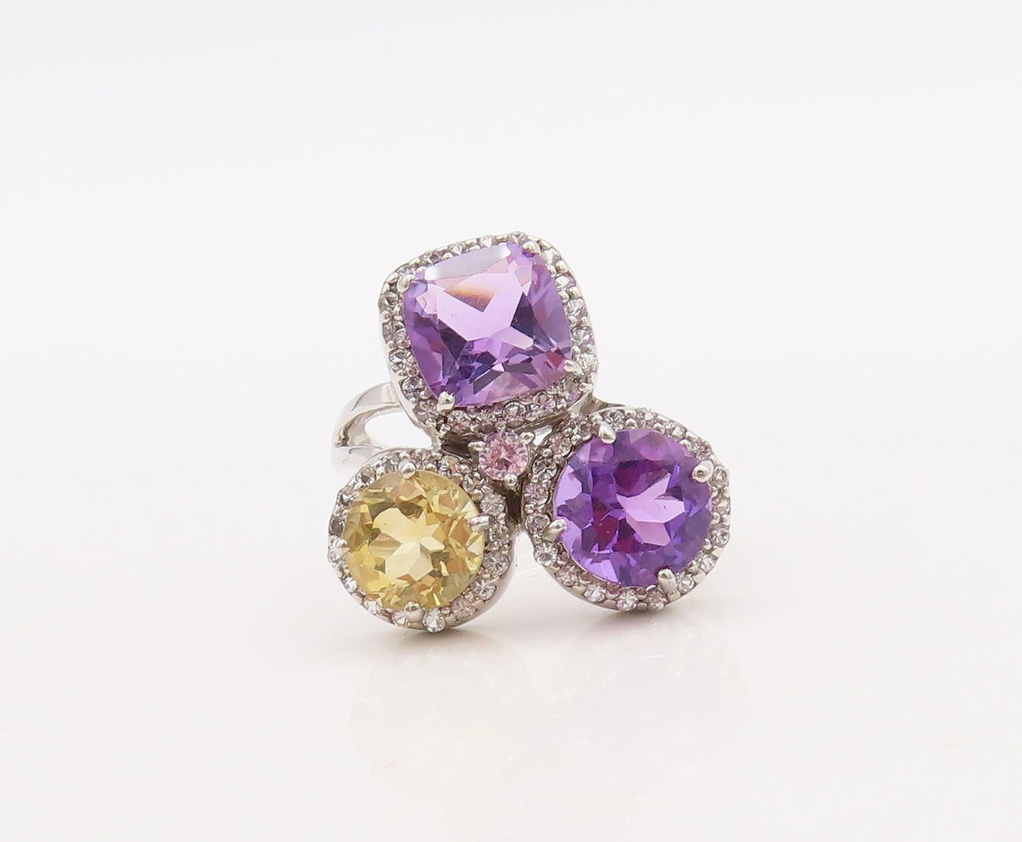 925 Sterling Silver Vintage Ring Round & Square Amethyst Citrine Sz 7.5  RG29867