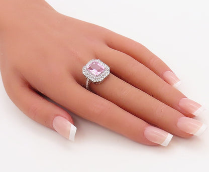 925 Sterling Silver Vintage Ring Rectangle Light Pink Halo White CZ Sz 7 RG30548