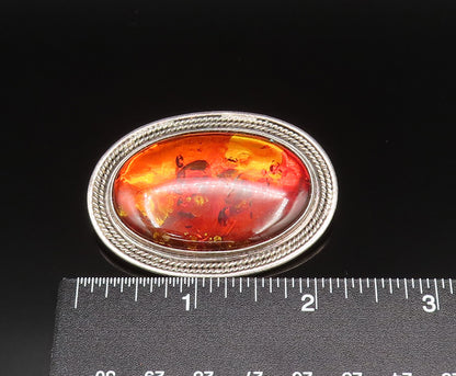 POLAND 925 Silver  Vintage Rope Twist Border Baltic Amber Brooch Pin  BP9557