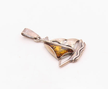 925 Sterling Silver  Vintage Baltic Amber Etched Sailboat Pendant  PT20174