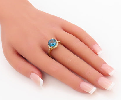 925 Sterling Silver Vintage Ring Gold Plated Blue Halo White CZ  Sz 7  RG30723