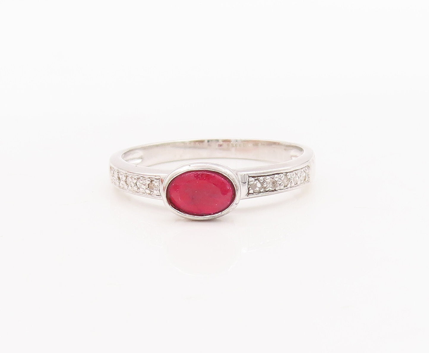 925 Sterling Silver Vintage Ring Oval Cut Ruby Real Diamonds Inlay Sz 8 RG29234