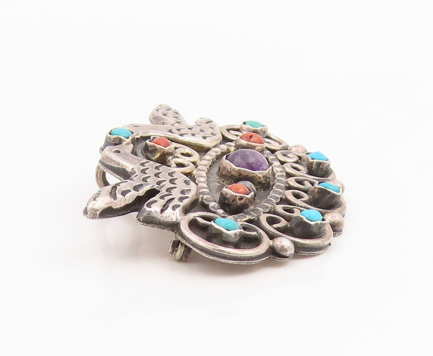 925 Sterling Silver Vintage Brooch Pin MEXICO Multi Gemstone Dove Bird  BP12433