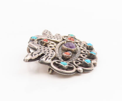 925 Sterling Silver Vintage Brooch Pin MEXICO Multi Gemstone Dove Bird  BP12433