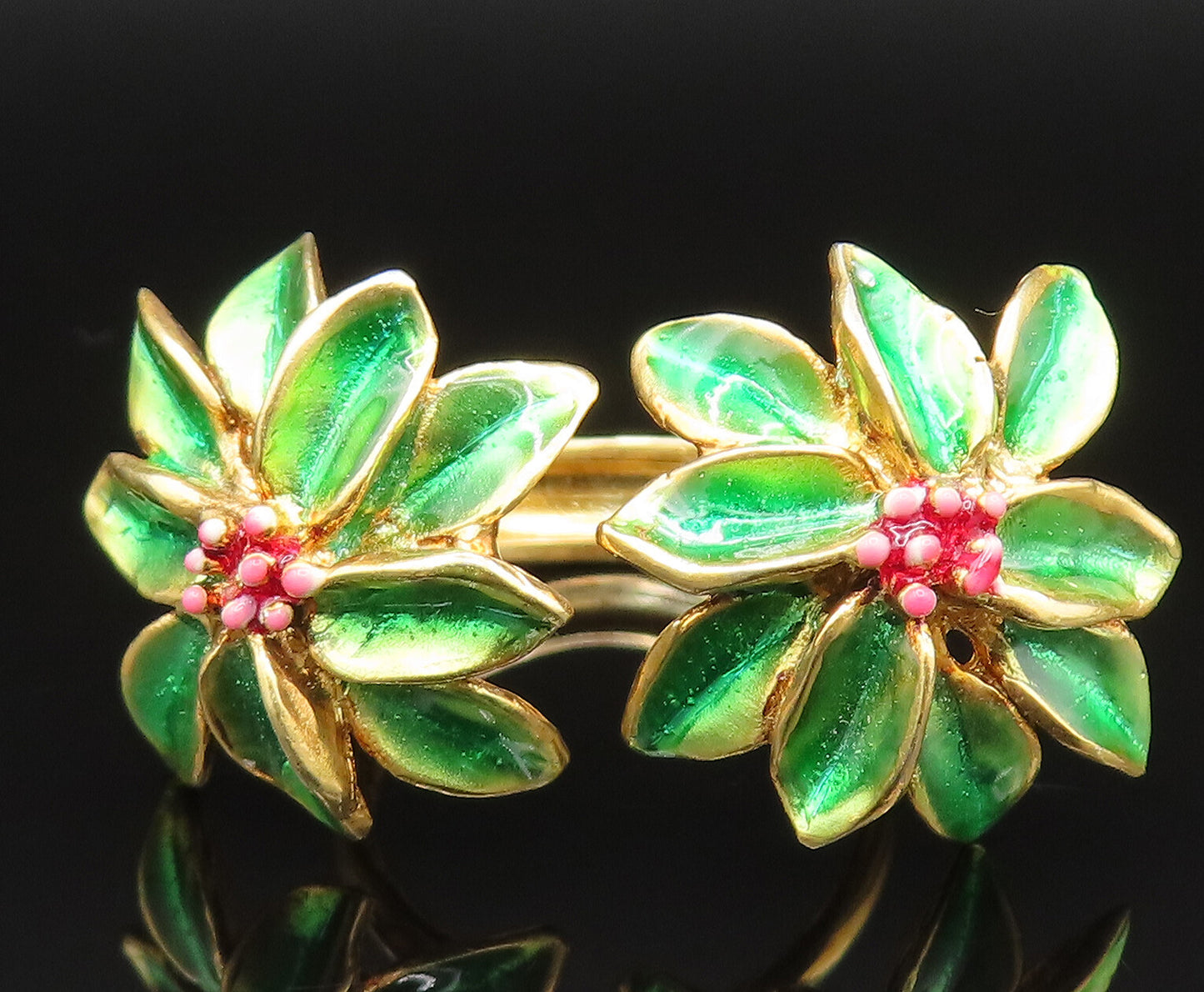 925 Sterling Silver Vintage Gold Plated Double Enamel Flower Ring Sz 7.5 RG25431